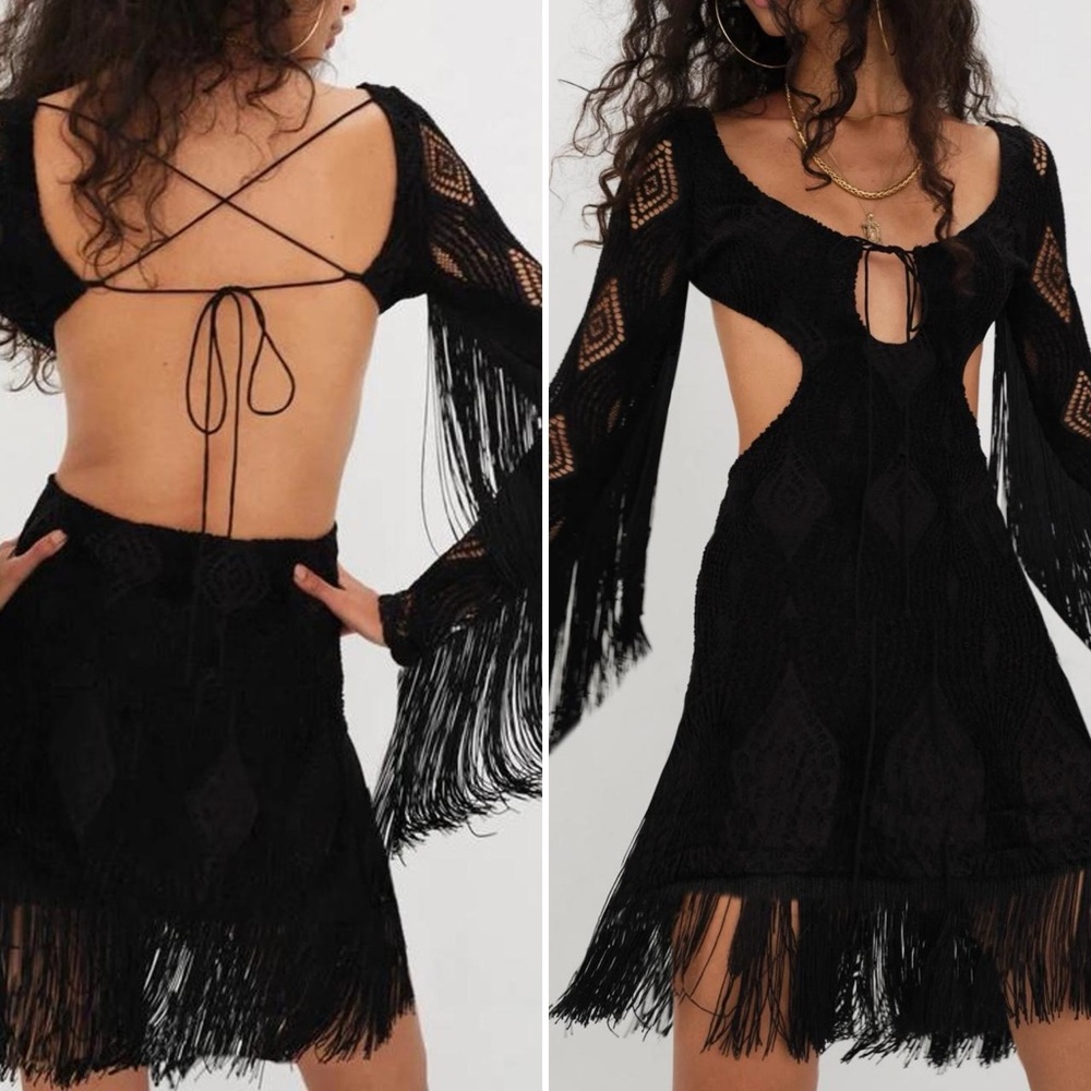 NWT NEW FOR LOVE LEMONS AUBREY FRINGE BLACK MINI DRESS BACKLESS CUTOUT OPEN BACK
